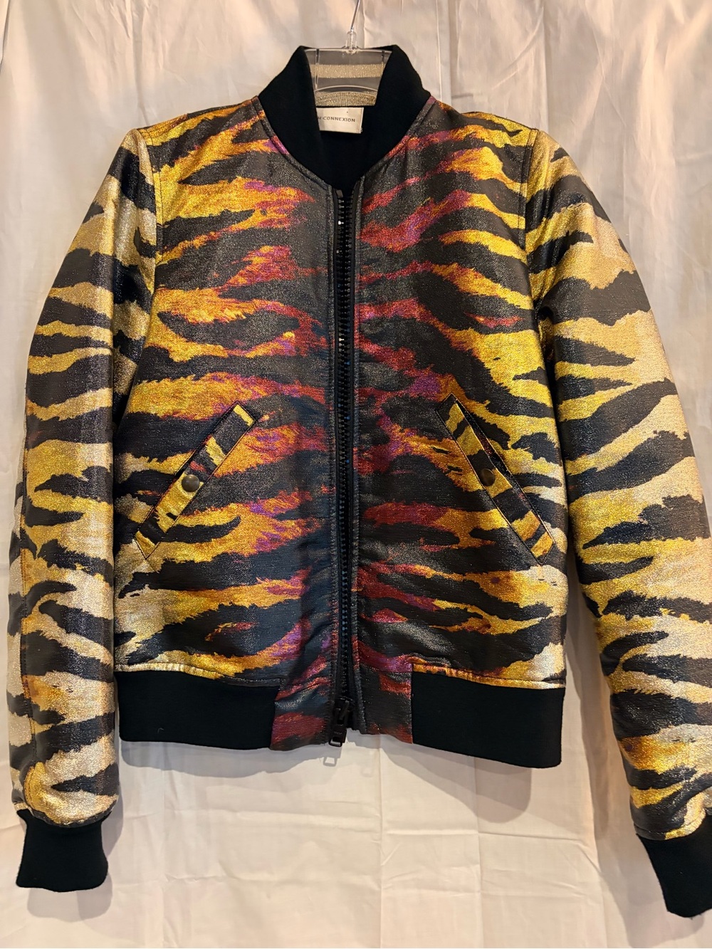 Faith Connexion Metallic Tiger-Stripe Bomber Jacket Reversible Black ruffled